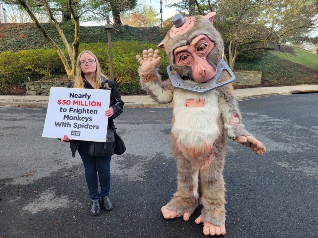 https://investigations.peta.org/wp-content/uploads/2022/03/animal-activist-and-monkey-protesting-elisabeth-murray-house-1024x768.jpg