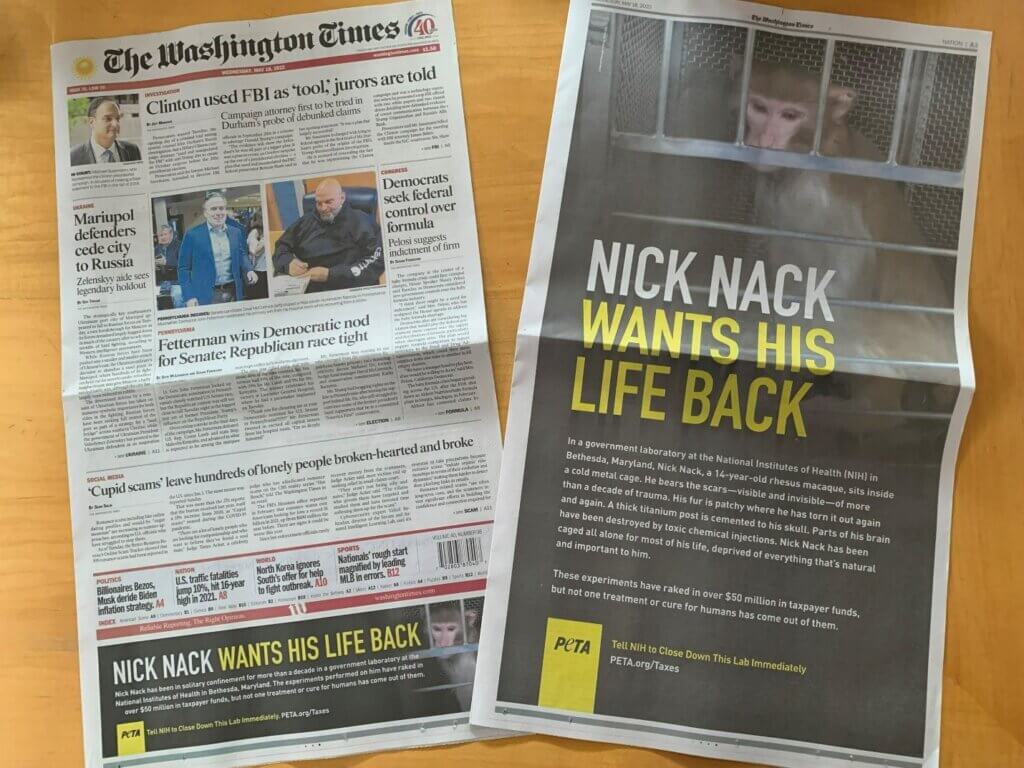 PETA Ad in Washington Times About Nick Nack Primate at NIH 