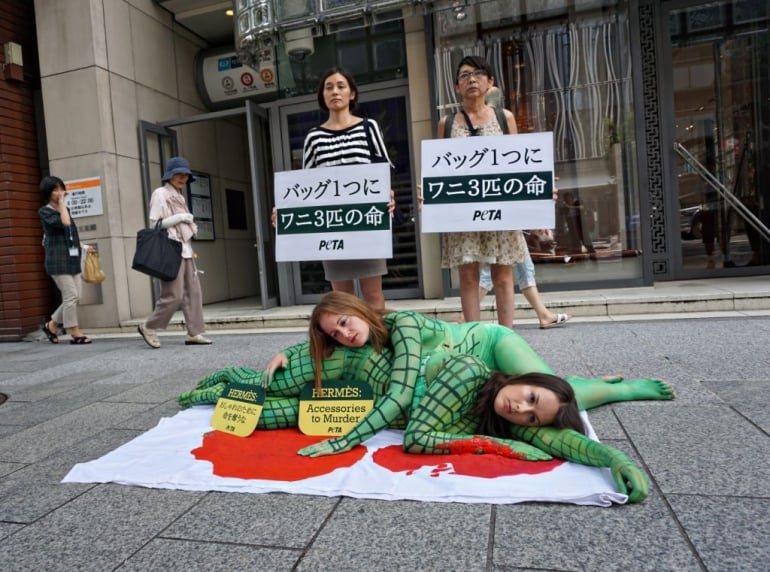 Elena Larea plays the part of a dead crocodile during a protest against animal  cruelty outside a luxury Hermes store in Mexico City, Wednesday, Aug. 5,  2015. The sign behind reads in
